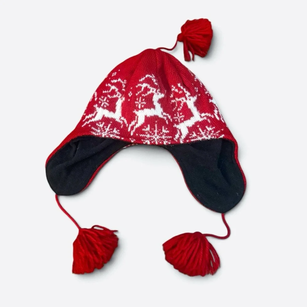 Vintage Dale of Norway Red Wool Hat Tassel Ear Flap Fair Isle Reindeer Youth M